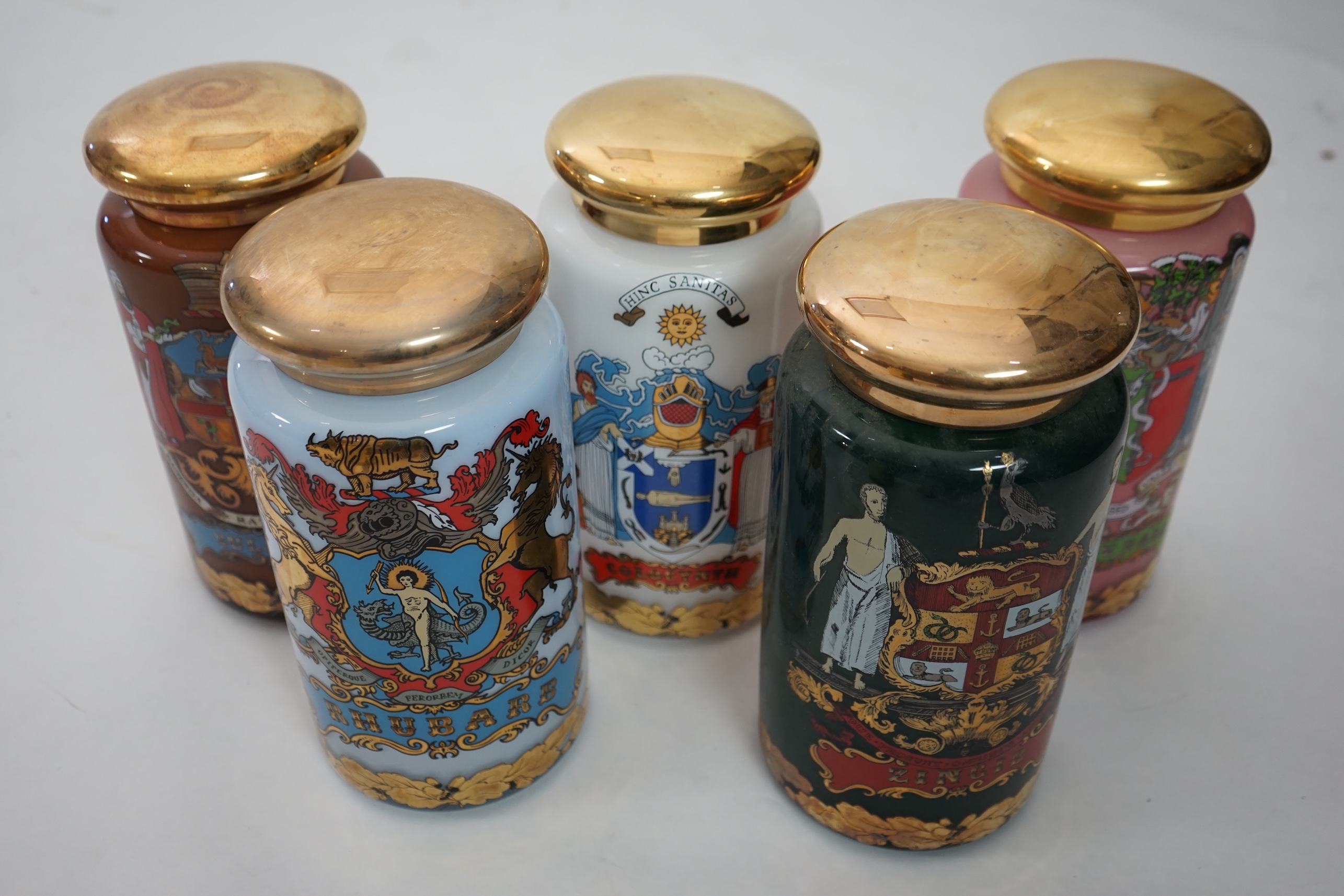 A set of six enamelled and gilt Specie jars, made for the National Pharmaceutical Association by Carlyle Fine Collections and designed by S. Wheaton, c.1990